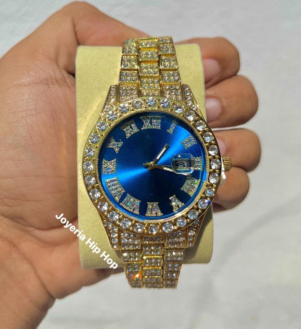 Reloj Diamantado Azul Dorado