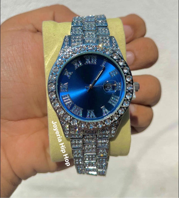 Reloj Diamantado Azul Plateado