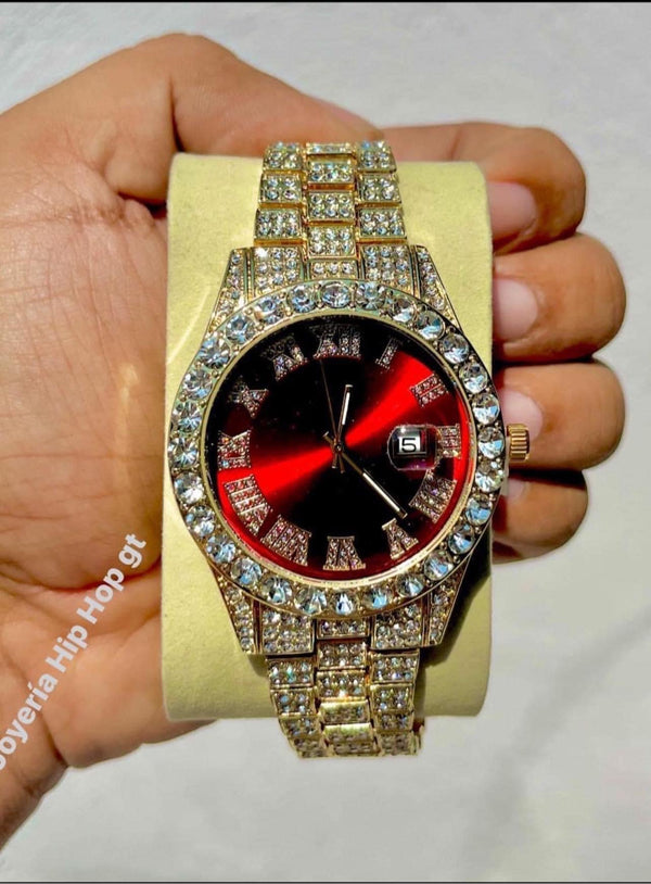 Reloj Diamantado Rojo Dorado