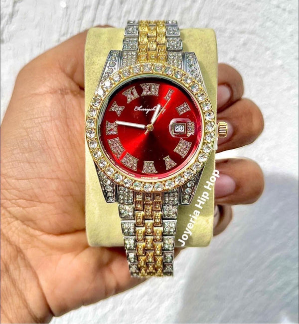 Reloj Diamantado Rojo Dorado con Plateado