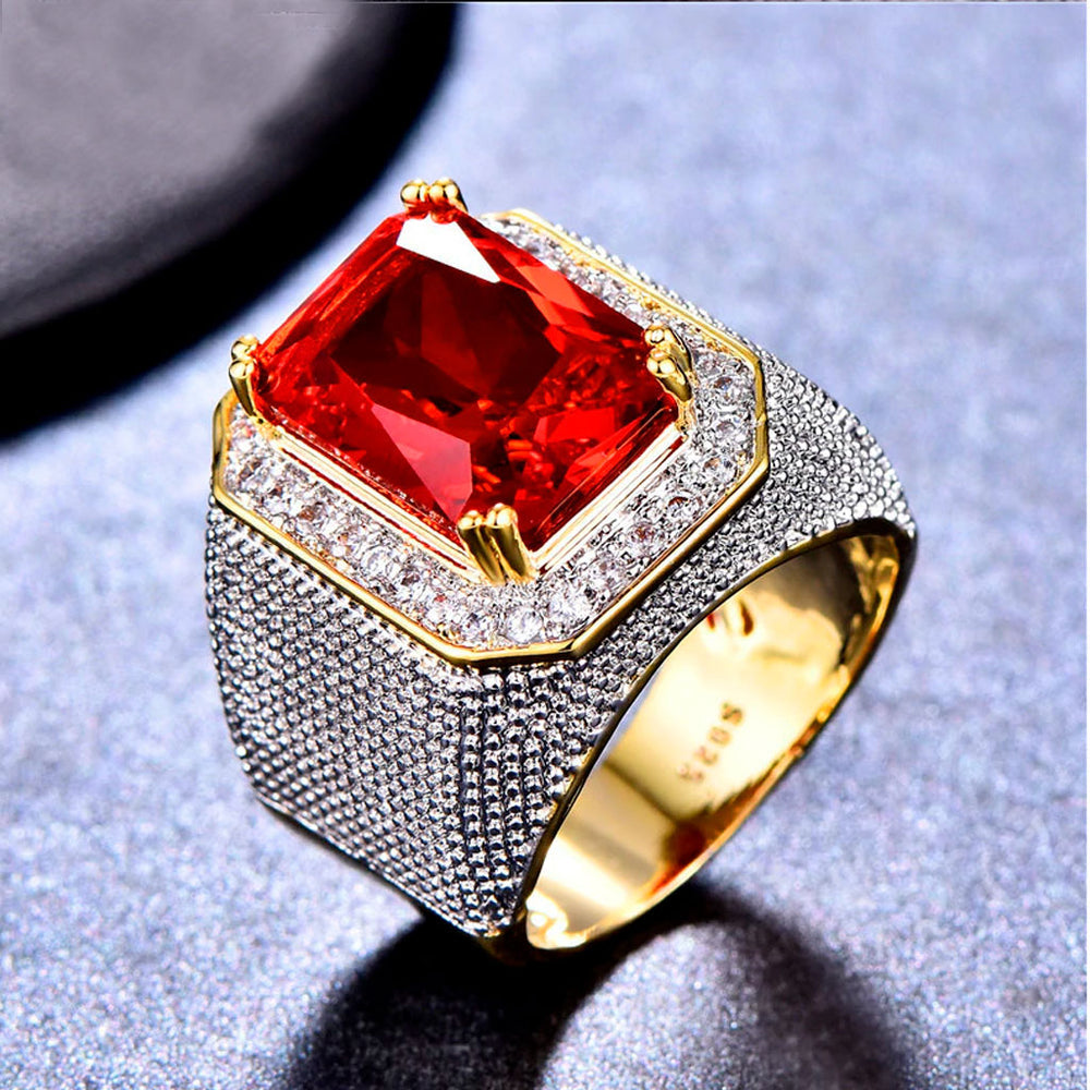 Anillo Piedra Roja Diamantado Dorado