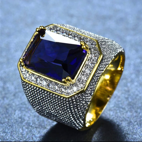 Anillo Piedra Azul Diamantado Dorado