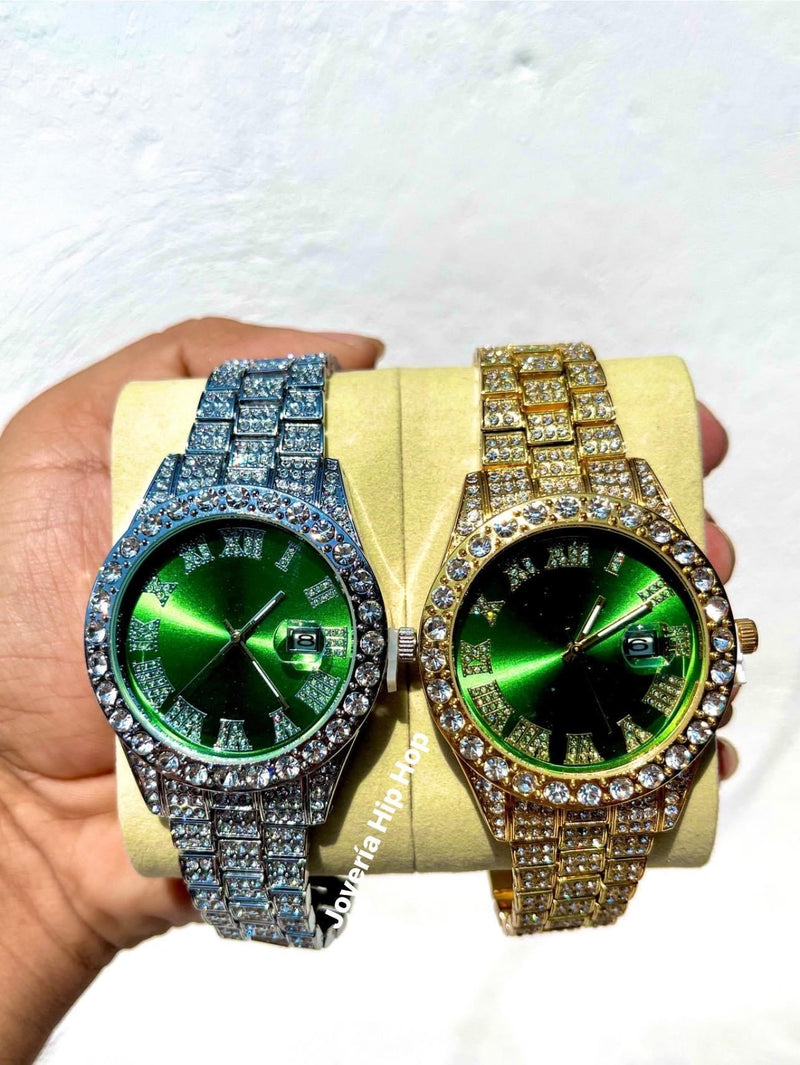 Reloj Diamantado Verde Plateado