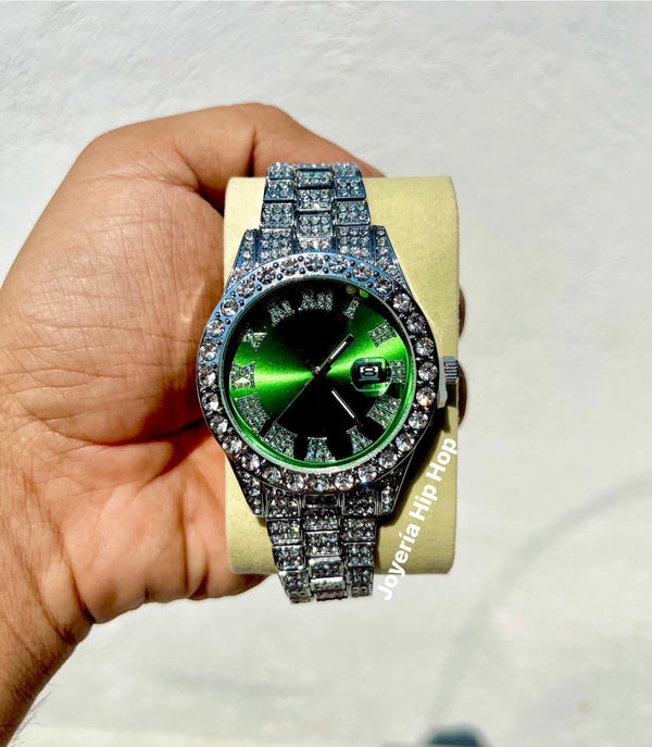 Reloj Diamantado Verde Plateado