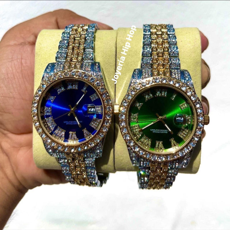 Reloj Diamantado Azul Dorado con Plateado