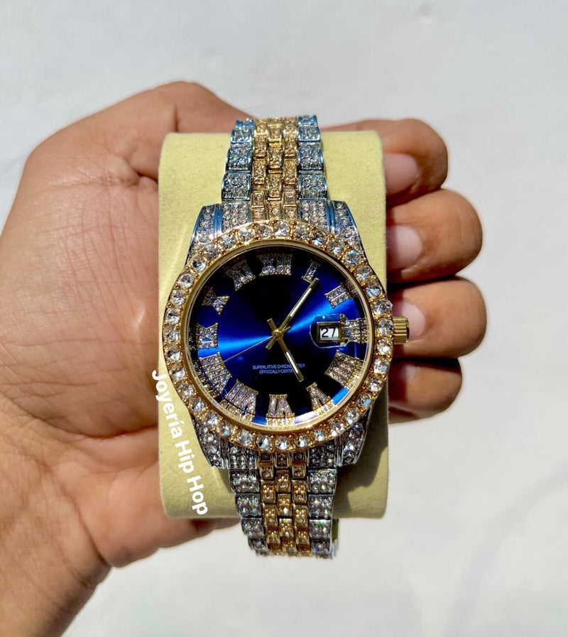 Reloj Diamantado Azul Dorado con Plateado