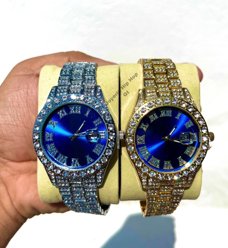 Reloj Diamantado Azul Dorado