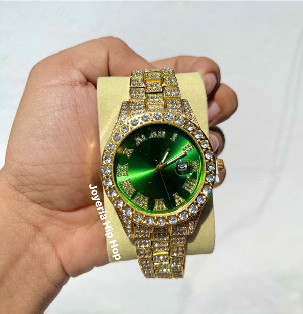 Reloj Diamantado Verde Dorado