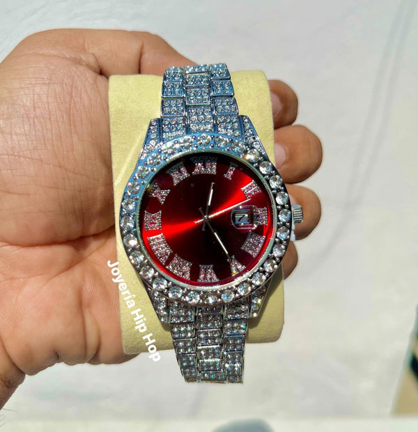 Reloj Diamantado Rojo Plateado