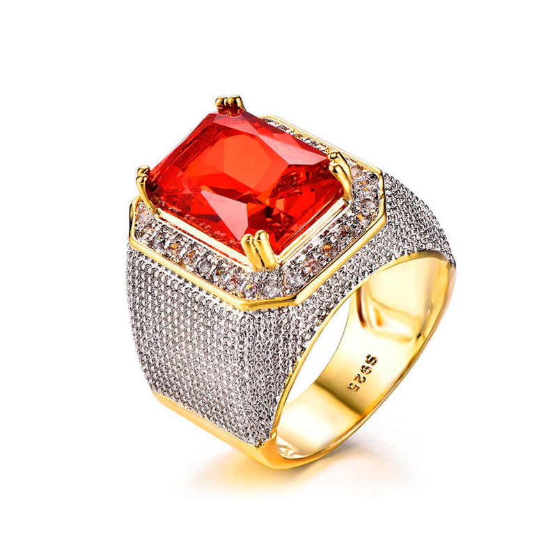 Anillo Piedra Roja Diamantado Dorado