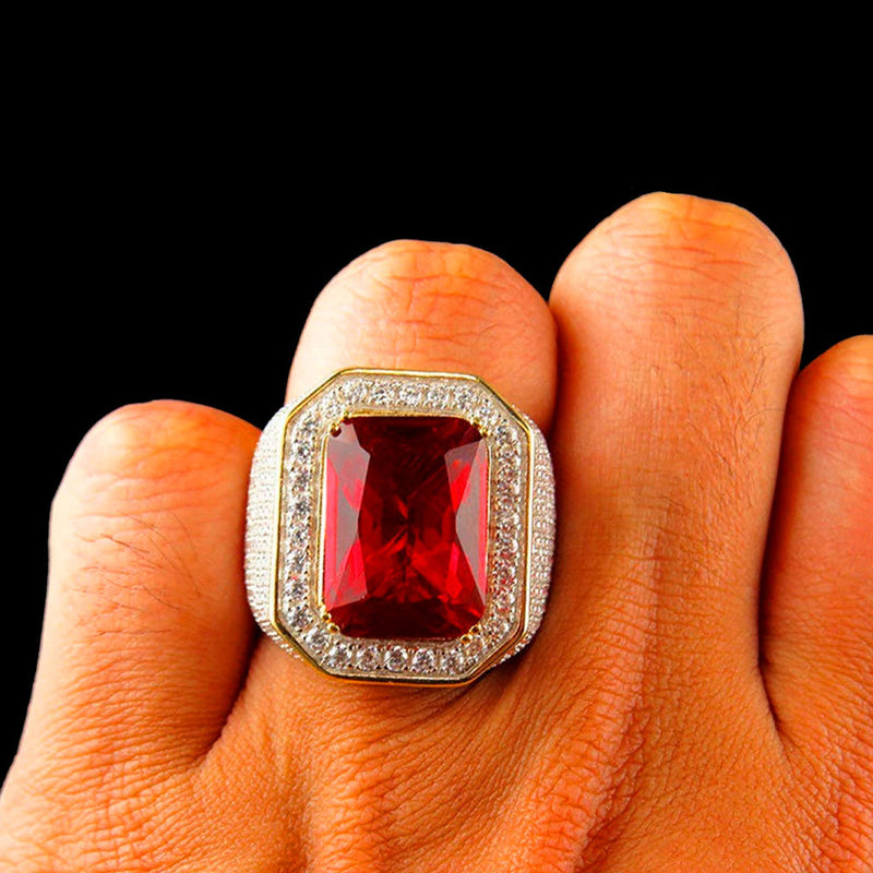 Anillo Piedra Roja Diamantado Dorado